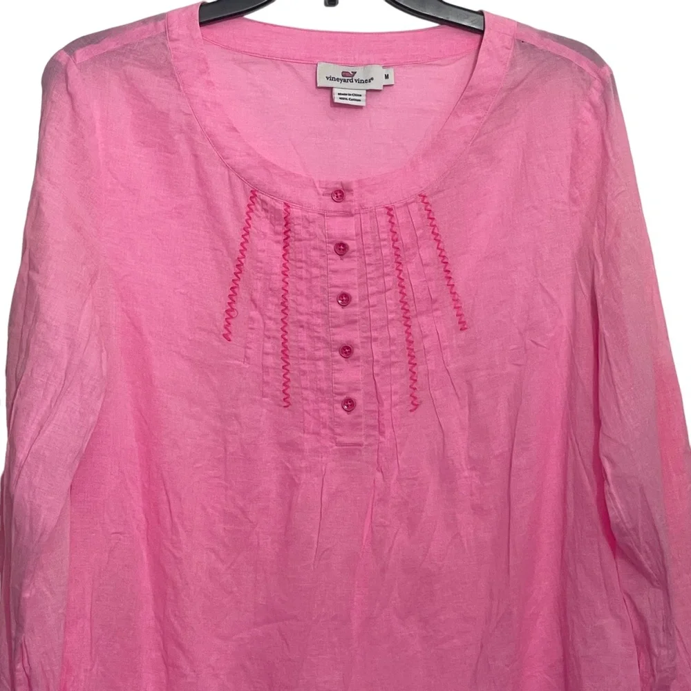 Vineyard Vines Medium Pink Semi Sheer Tunic 1/4 Button‎ Up Baby Doll Top - Picture 6 of 7
